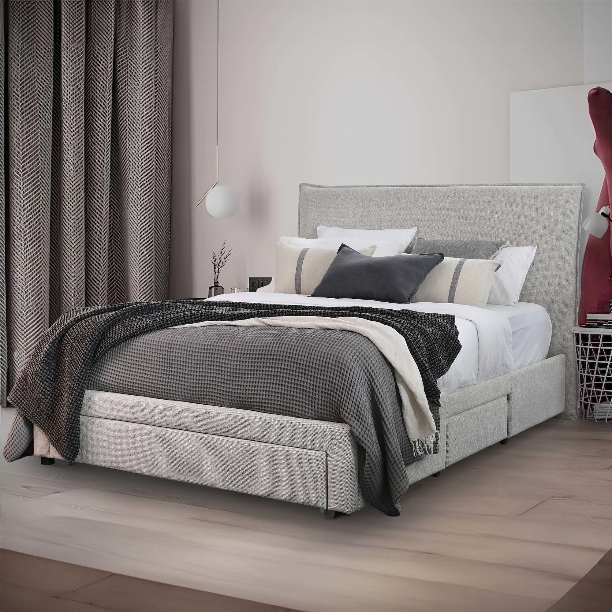 Lifestyle image of the Hotham Bed Frame, 3 Drawer Base, Mist from Forty Winks