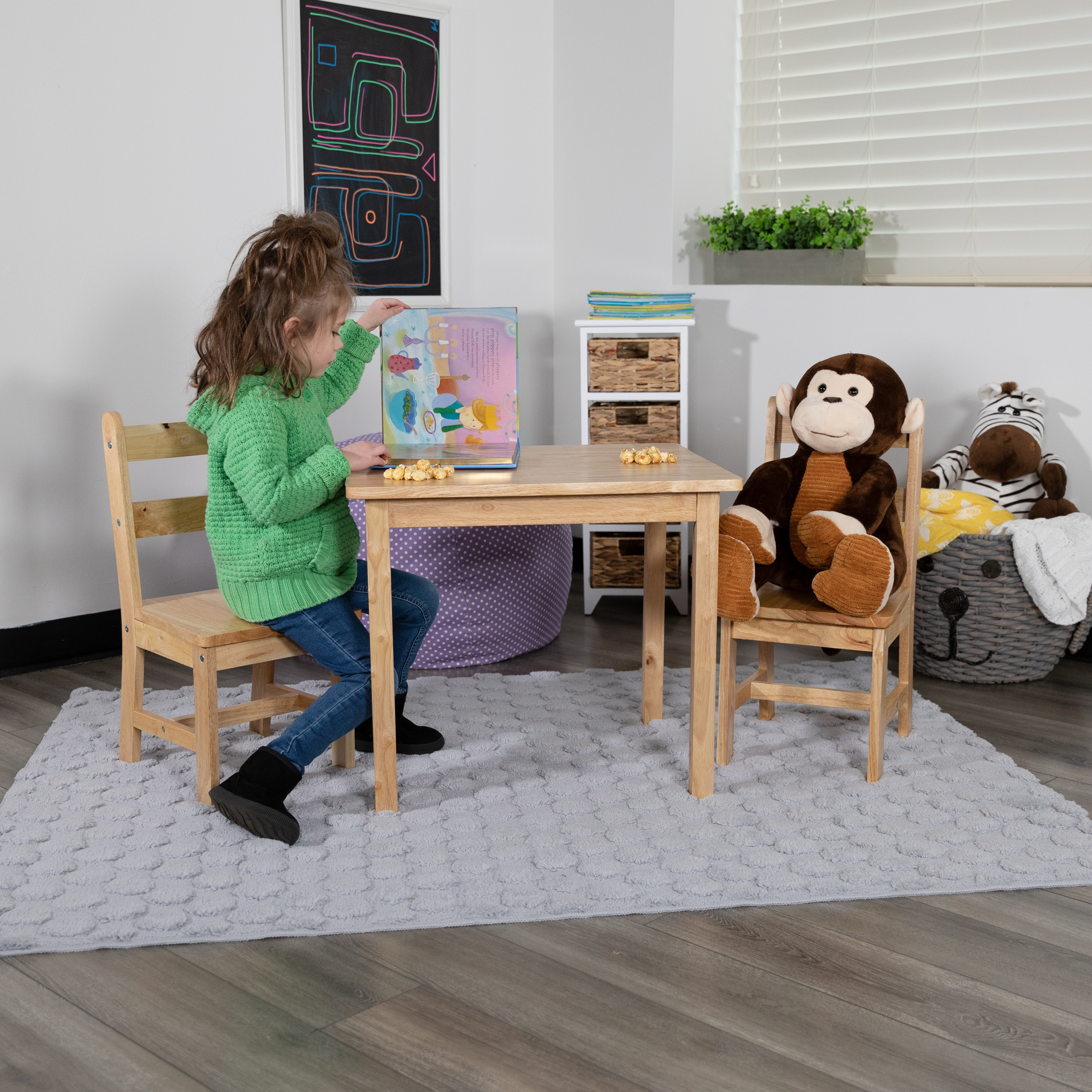 Juego de mesa y silla de madera maciza para niños de 3 piezas para sala de juegos, cocina - blanco - Imagen 10 de 37