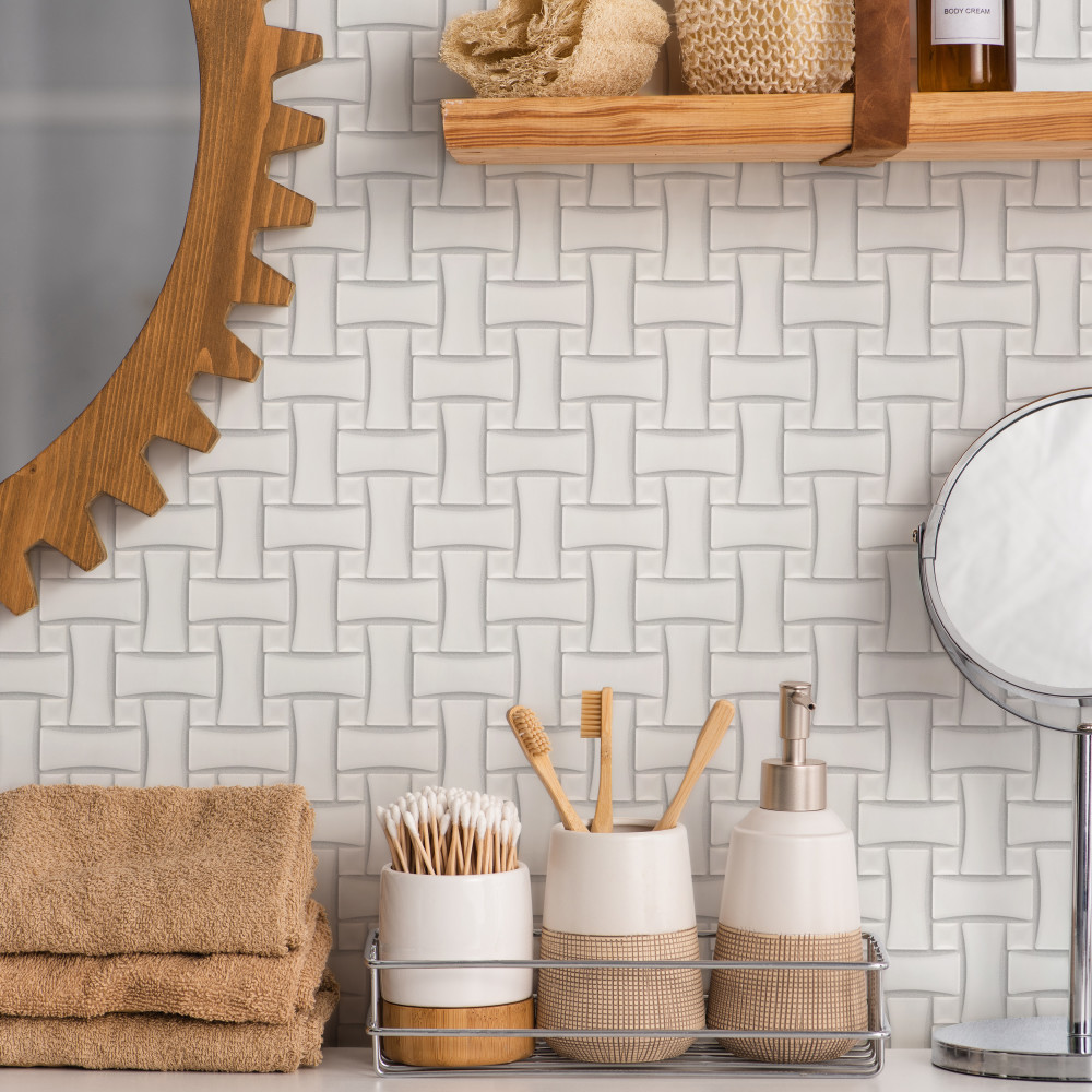 Metro Dog Bone Basketweave Matte White w/Glossy White Dot 10 in. x 10 in. Porcelain Mosaic Tile