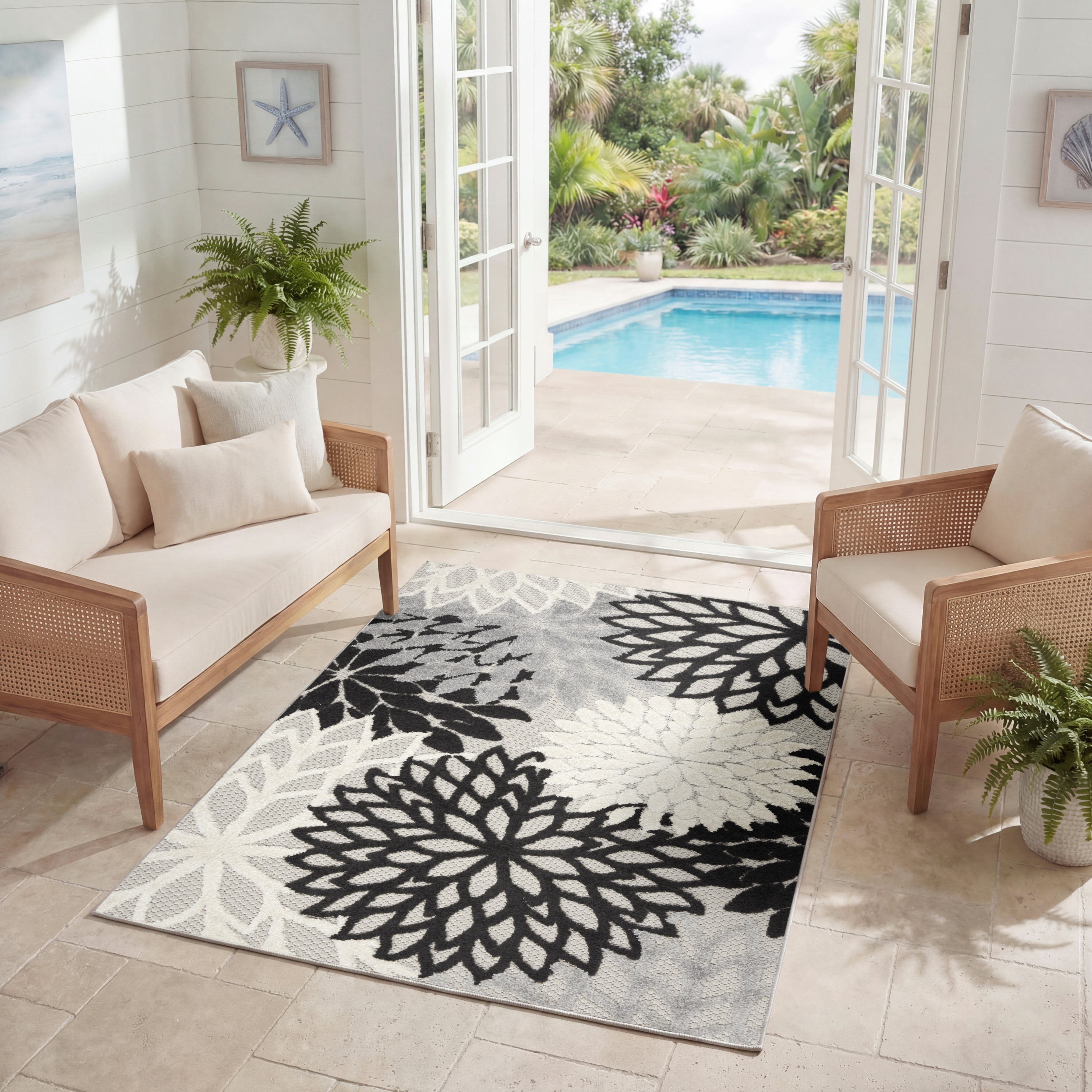 Nourison Aloha 3' x 5' Black White Tropical Rug
