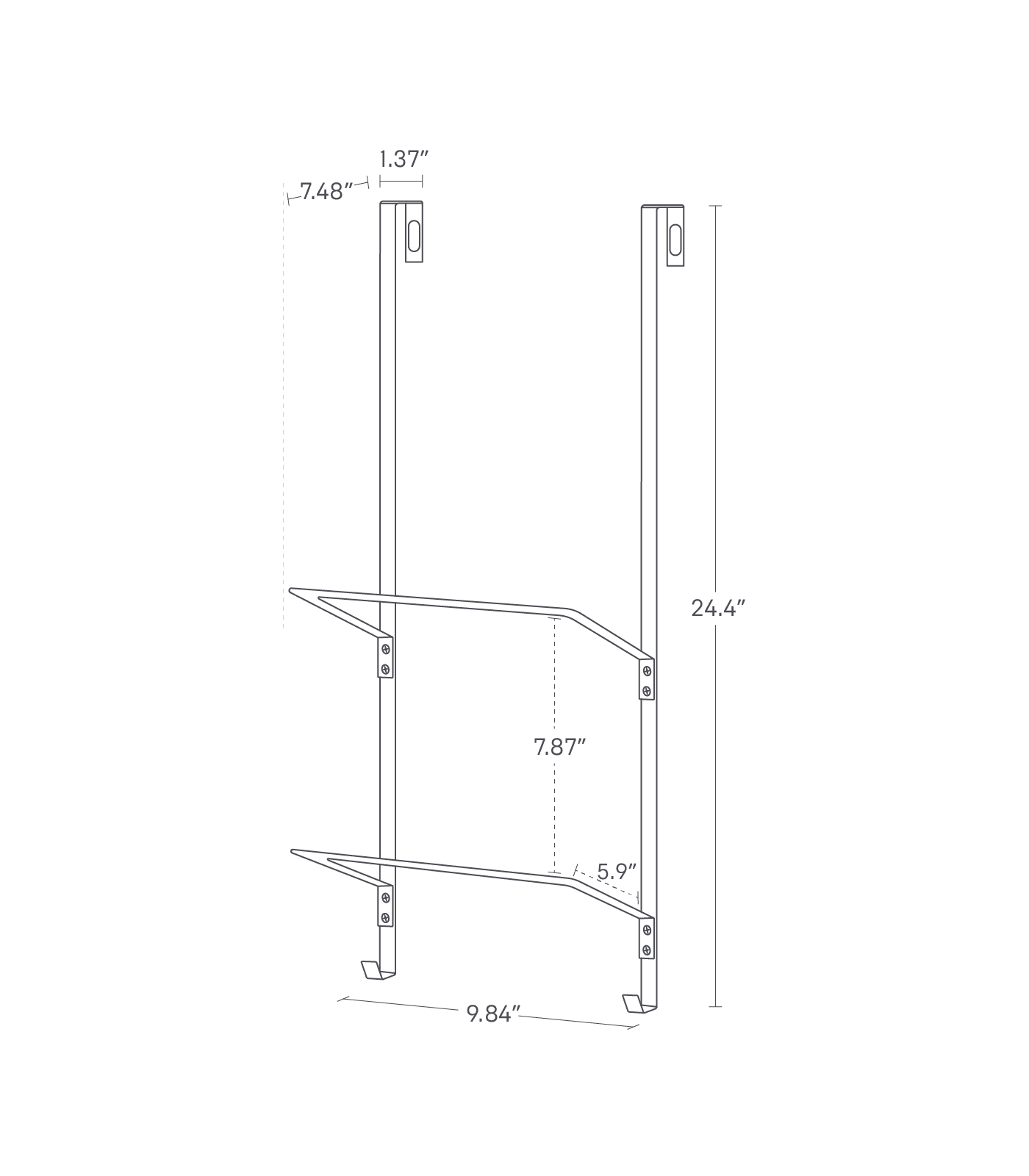 The image shows an over-the-door fitness equipment hanger with dimensions: total height is 24.4", top arm depth is 7.48", hook depth is 1.37", section heights are 11.41", 7.87", 5.9", and 2.76". Bottom width is 9.84" and middle width is 7.49".