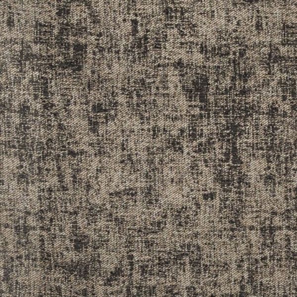 Woven gray-beige upholstery fabric close-up showing irregular black crosshatch and speckled pattern, revealing a coarse diagonal twill weave texture across a flat, evenly lit surface.