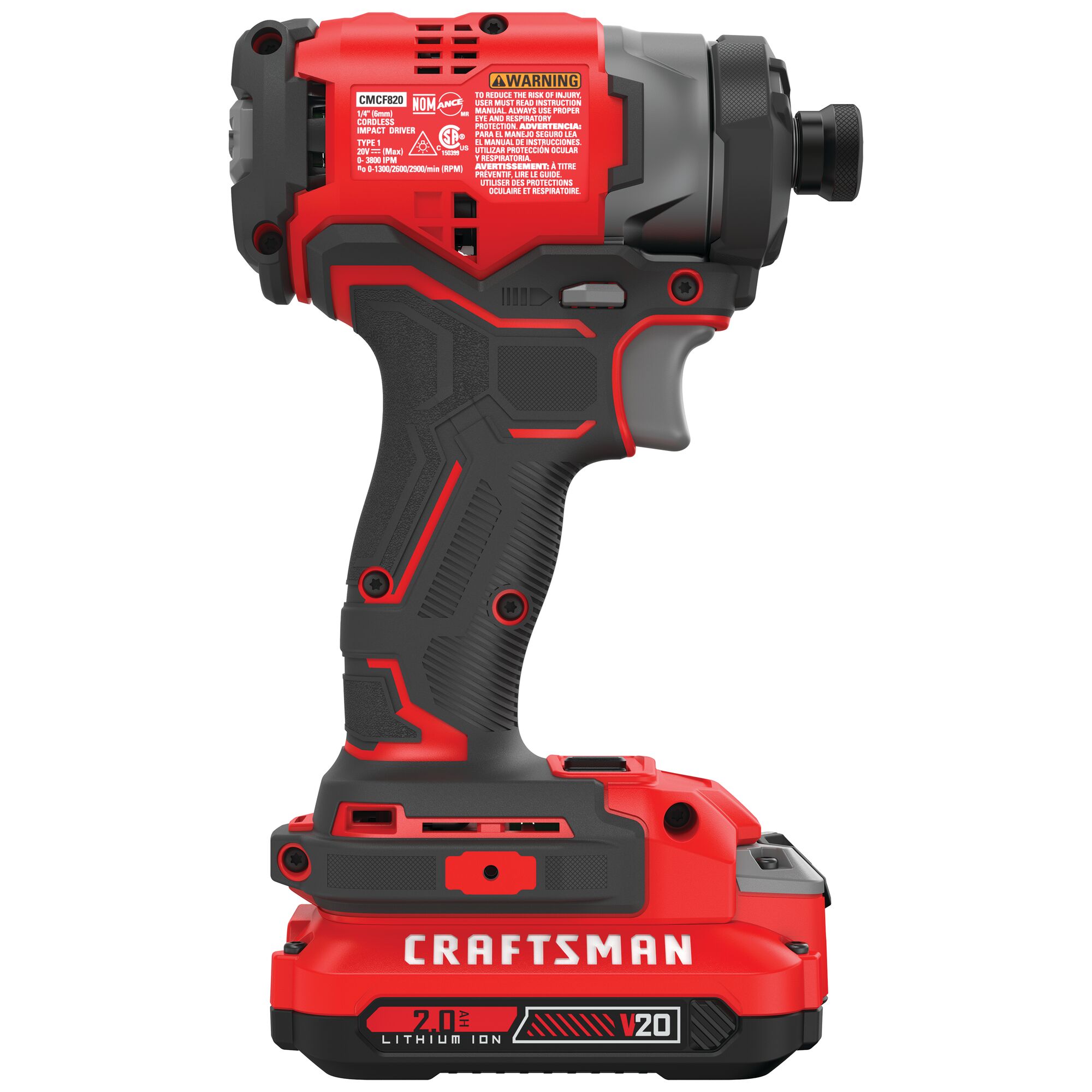 Right profile  view of brushless cordless impact driver 2 batteries.