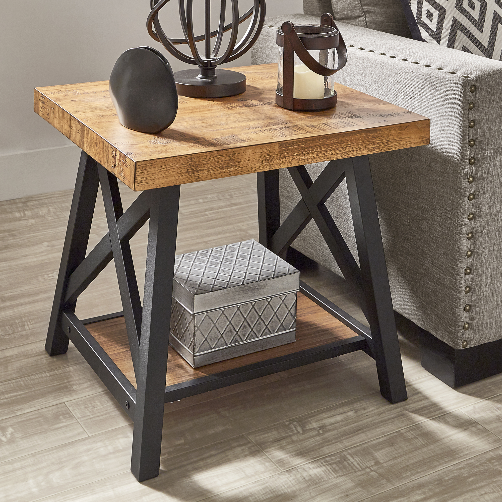 Rustic X-Base End Table with Shelf