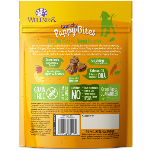 Wellness Puppy Bites Crunchy Chicken & Carrots back packaging