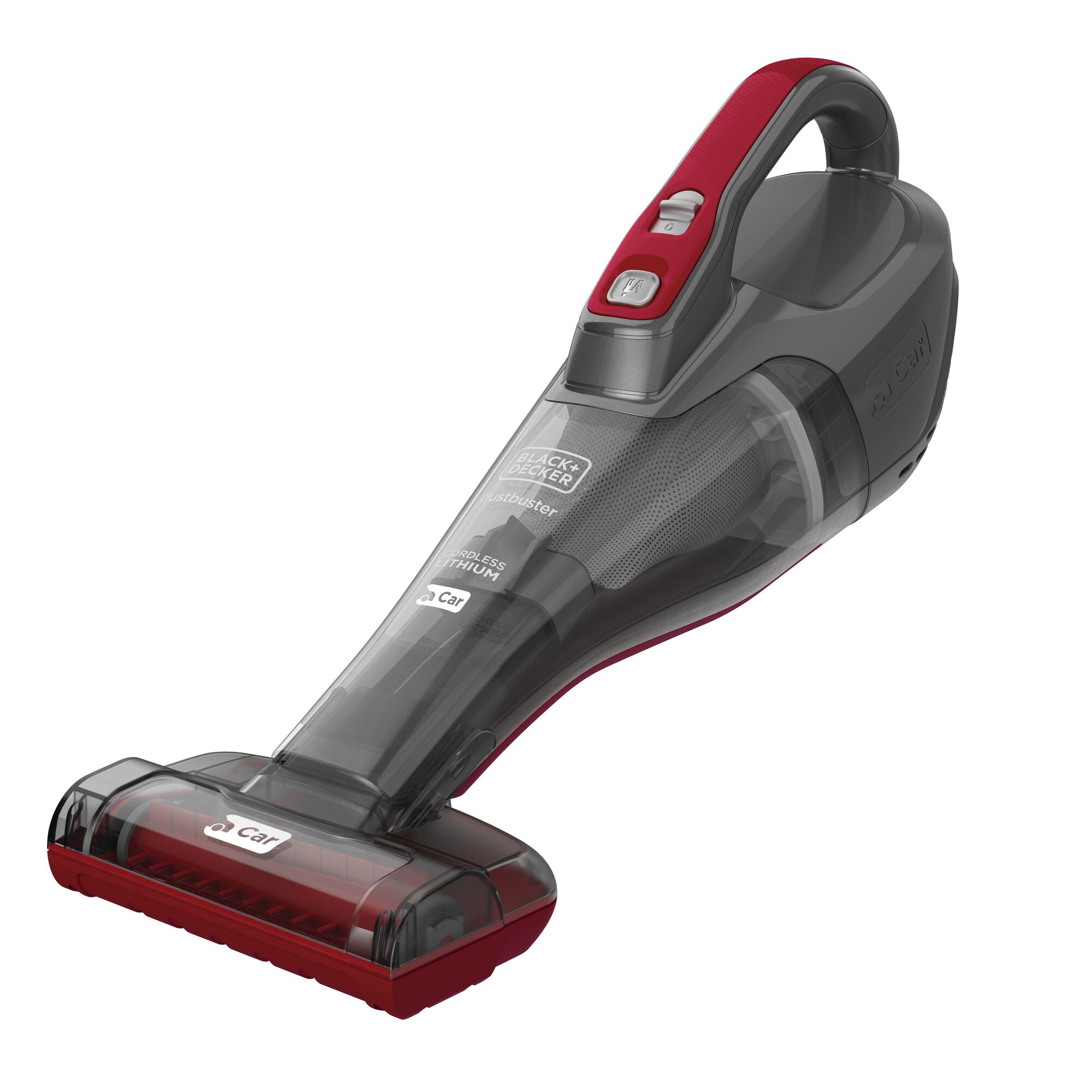Profile of Dustbuster Quick Clean Car Cordless Hand Vacuum With Motorized Upholstery Brush.