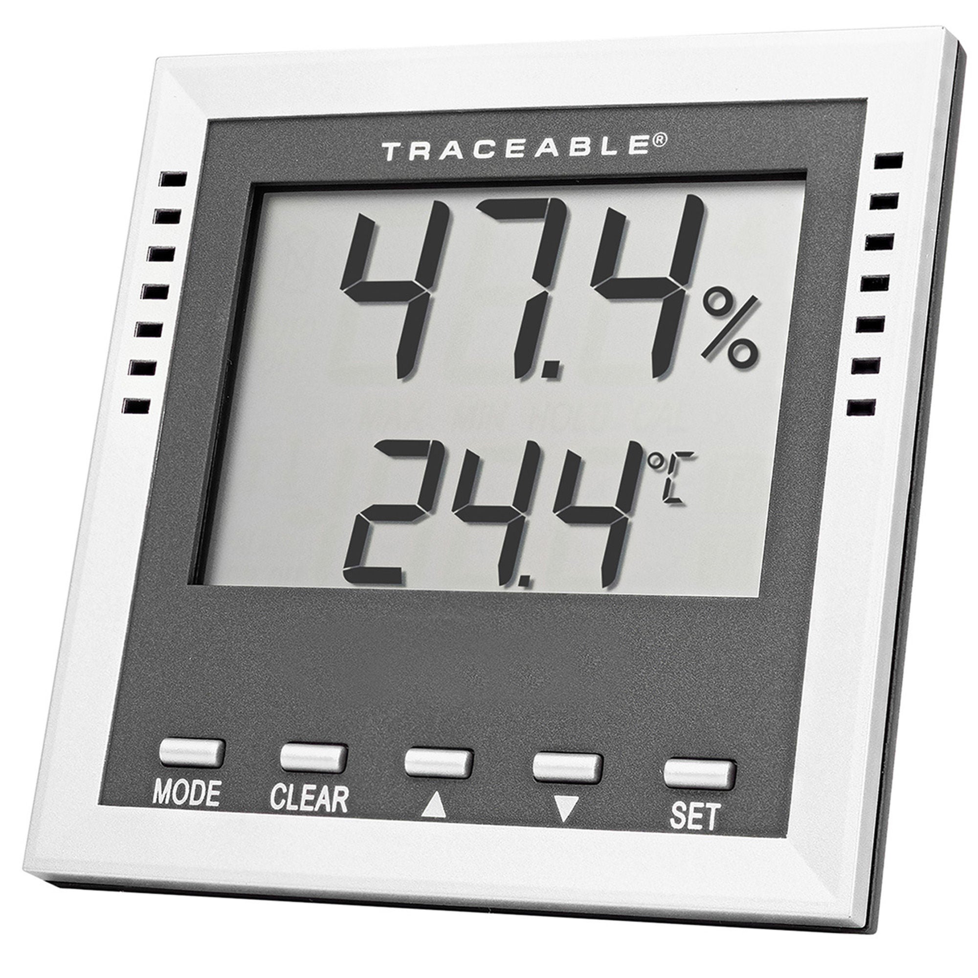 Dew Point / Wet Bulb / Humidity / Thermometer with Alarm Traceable® Fahrenheit / Celsius -40° to 158°F (-40° to 70°C) Internal Sensor Flip-out Stand / Wall Mount Battery Operated