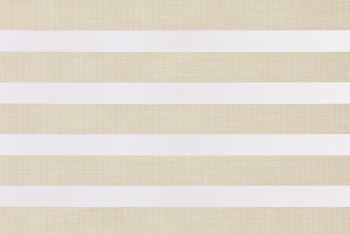 Horizontal dual-layer zebra roller blind with alternating opaque white and sheer beige textured bands, partially closed, filtering soft daylight in a neutral-lit interior.