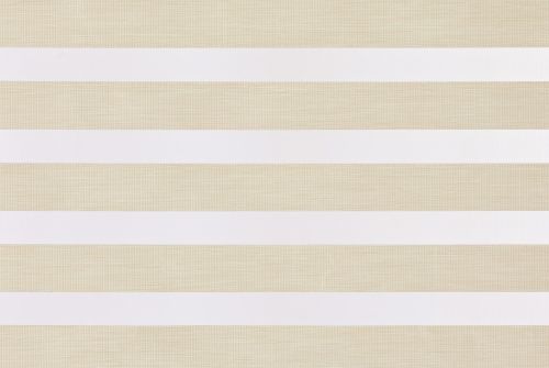 Horizontal dual-layer zebra roller blind with alternating opaque white and sheer beige textured bands, partially closed, filtering soft daylight in a neutral-lit interior.