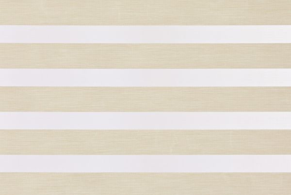 Horizontal dual-layer zebra roller blind with alternating opaque white and sheer beige textured bands, partially closed, filtering soft daylight in a neutral-lit interior.