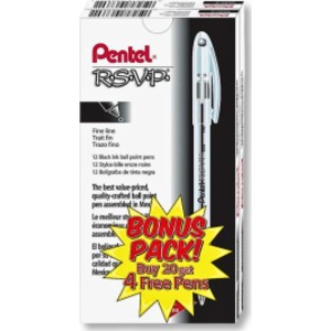 RSVP Ballpoint Pens, 0.7mm Fine Point, Black Ink, Transparent Barrel, 24 Pack