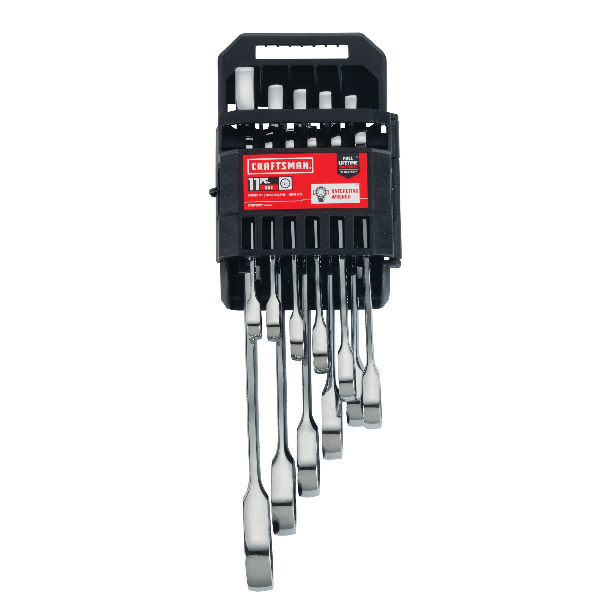 11 piece S A E ratcheting combination wrench set in packaging.