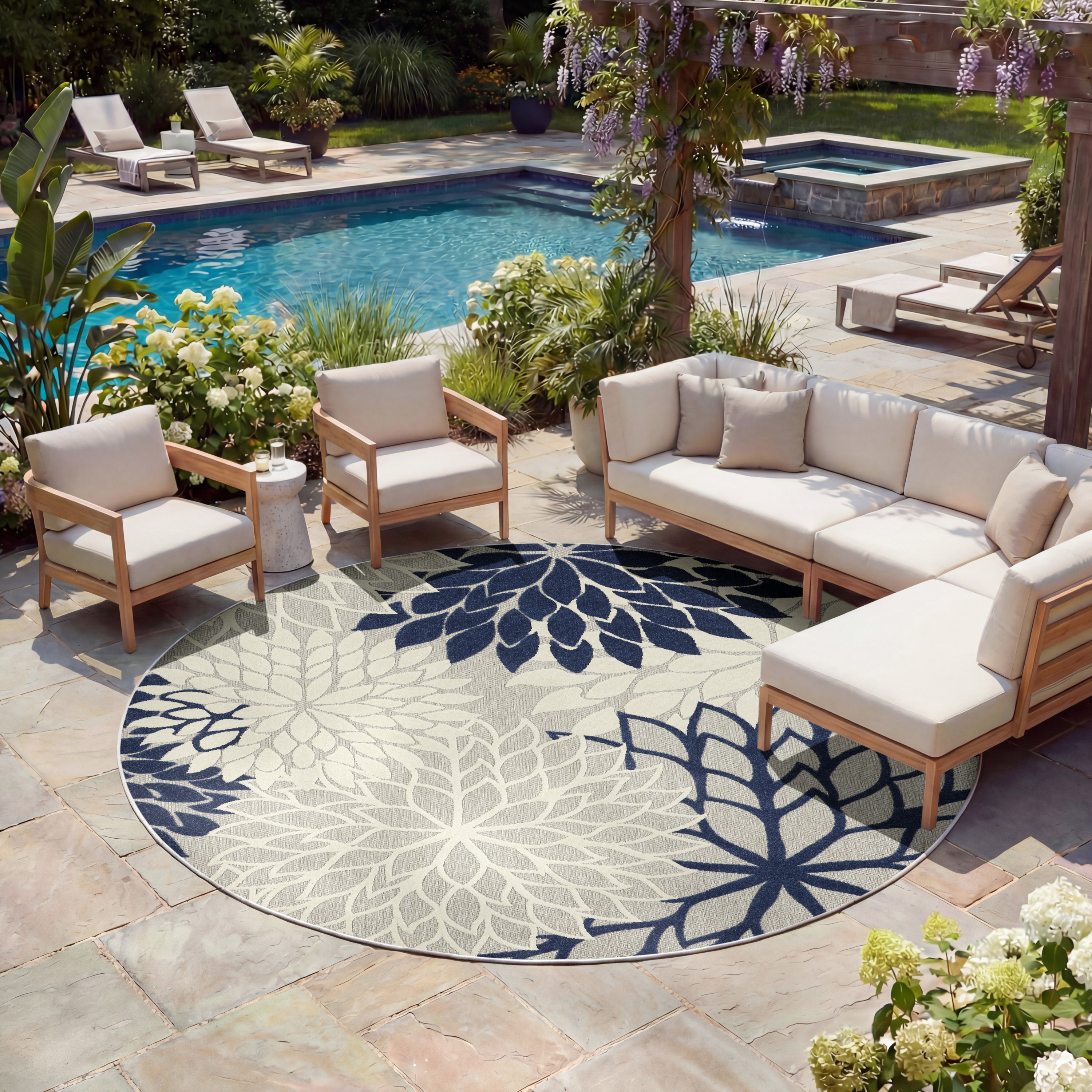 Nourison Aloha 7'10" x Round Ivory Navy Tropical Rug