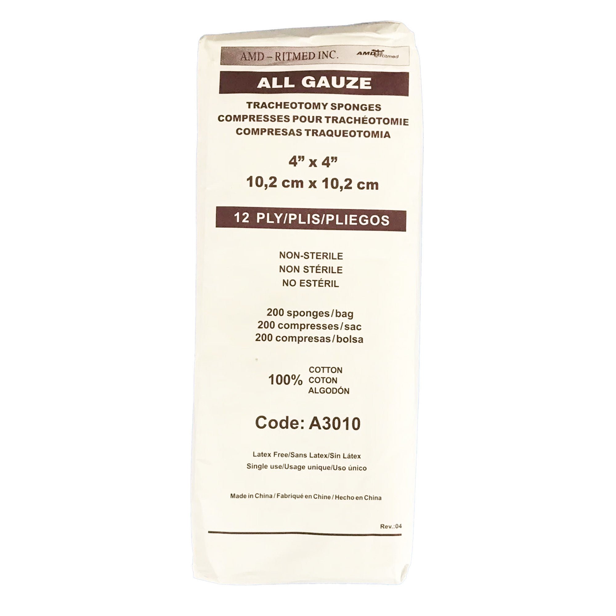 AMD Ritmed Tracheostomy Dressing, 4 x 4 Inch, 12-Ply