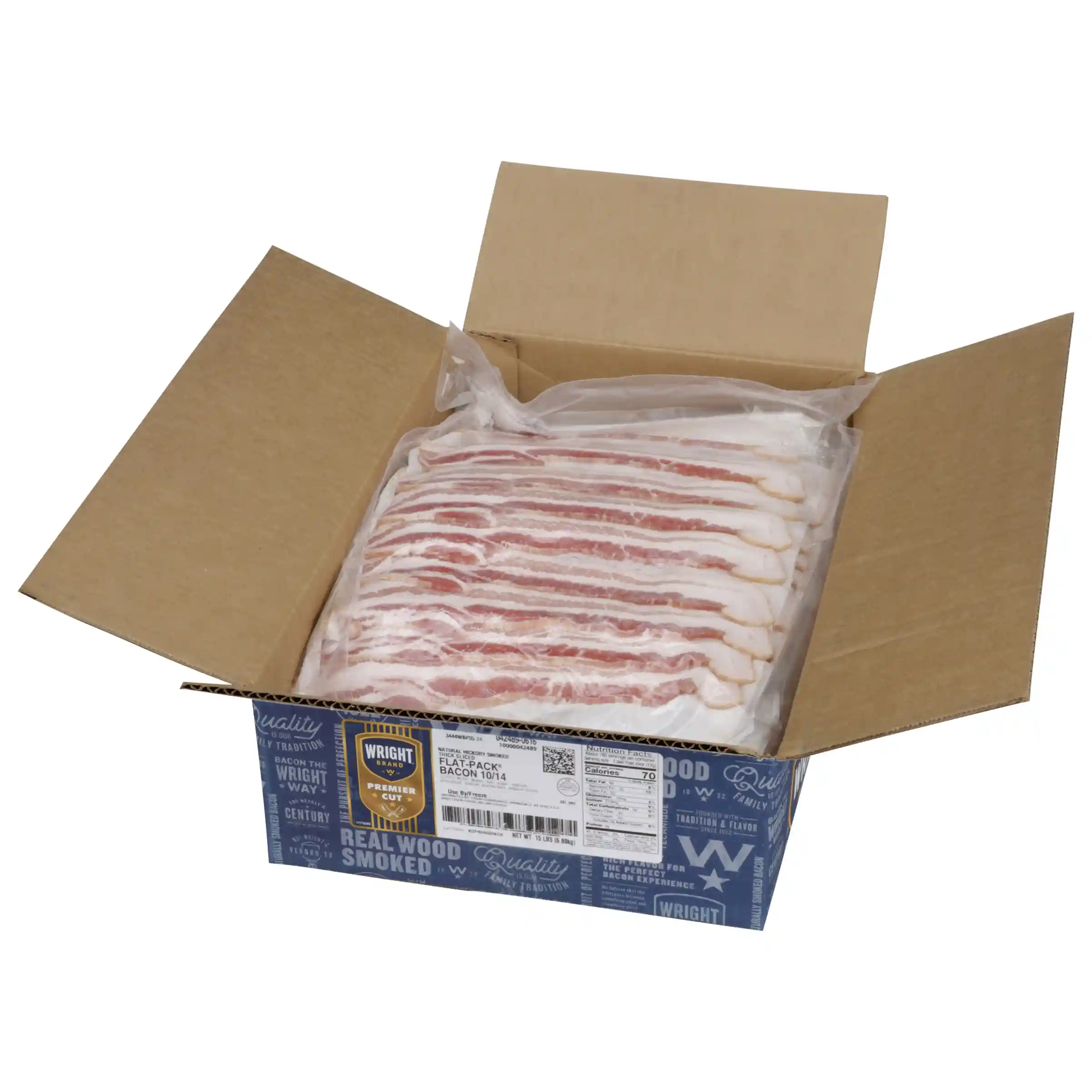 Wright® Brand Naturally Hickory Smoked Thick Sliced Bacon, Flat-Pack®, 15 Lbs, 10-14 Slices per Pound, Gas Flushed_image_4