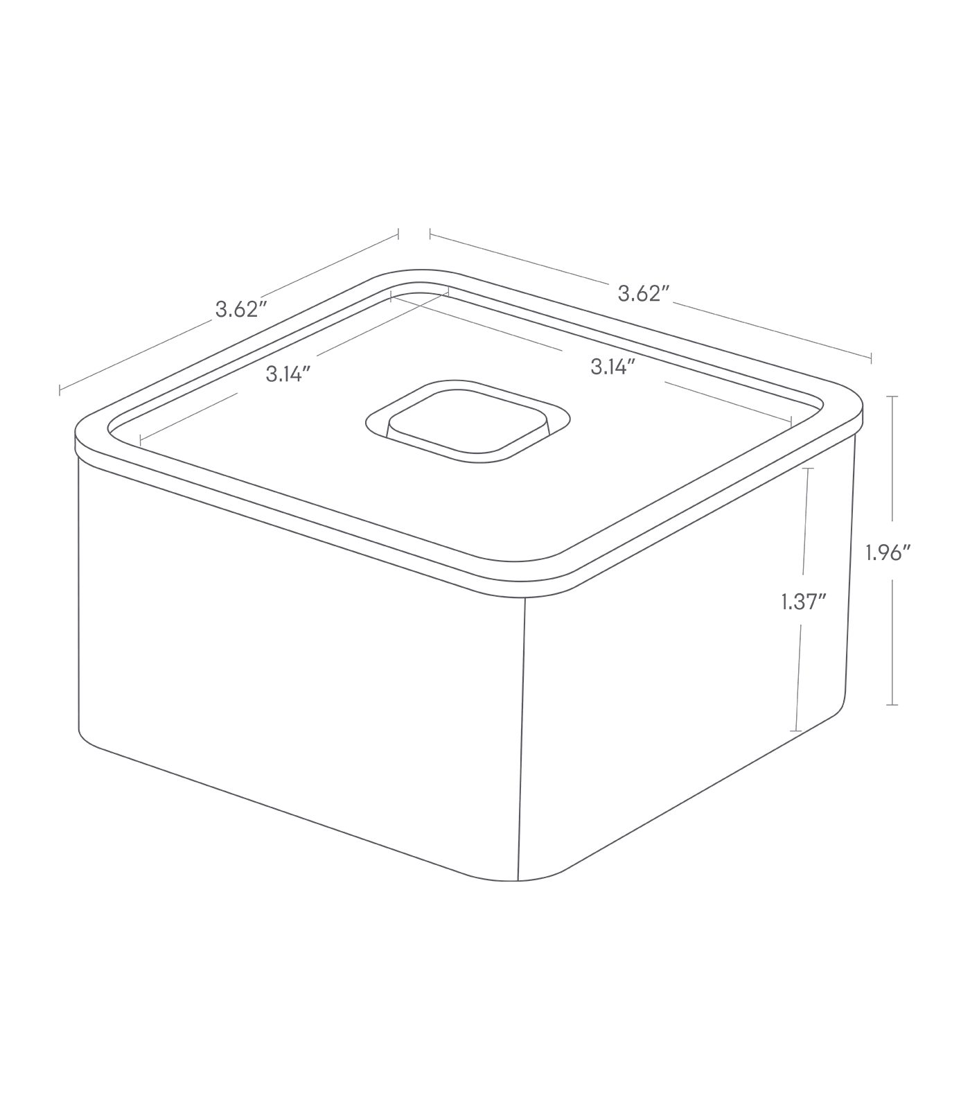 Dimension image for Vacuum-Sealing Bento Box - Square showing a total length/width of 3.62 inches and height of 1.96 inches. Inner length/width of 3.14 inches and height of 1.37 inches