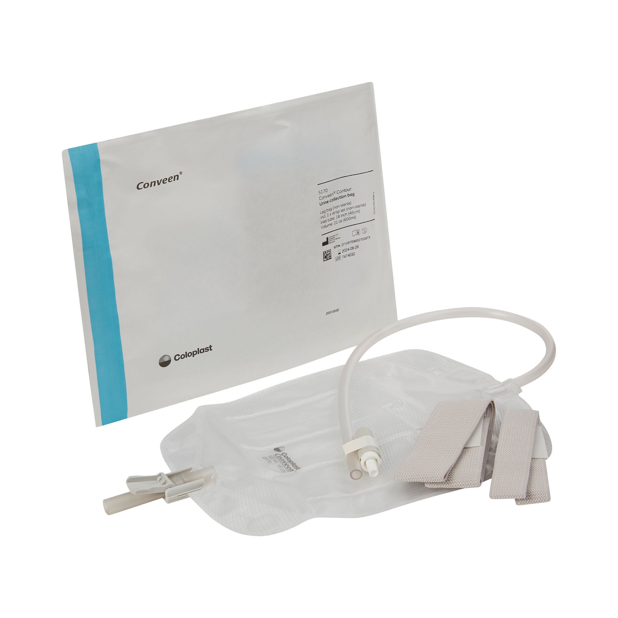 Conveen® Contour Urinary Leg Bag: Anti-Reflux Valve, Polyethylene/Flocked, 600mL