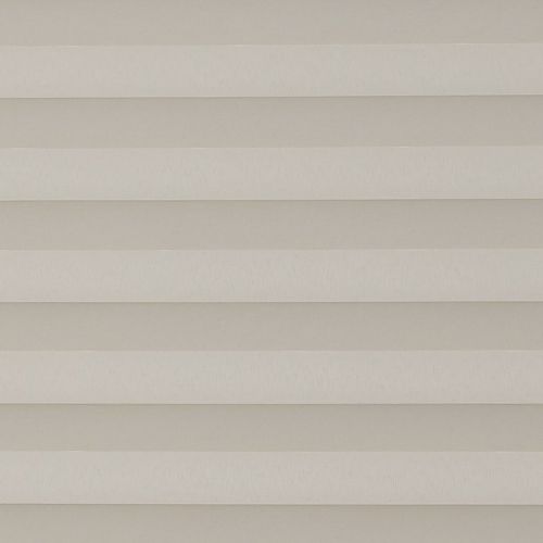 Horizontal beige pleated shades, fully closed with evenly spaced fabric folds, filtering diffuse light; interior setting with neutral tones and no visible view, producing a uniform, muted appearance.