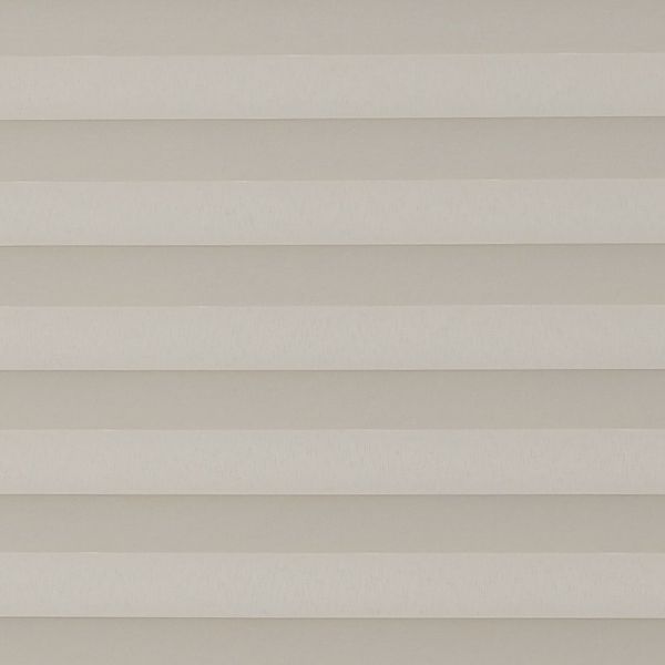 Horizontal beige pleated shades, fully closed with evenly spaced fabric folds, filtering diffuse light; interior setting with neutral tones and no visible view, producing a uniform, muted appearance.