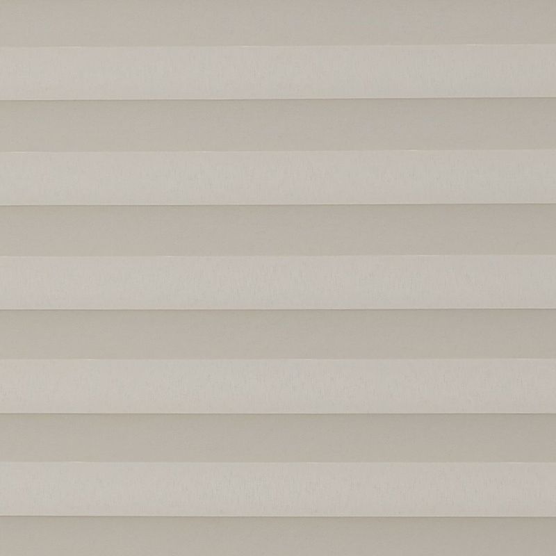Horizontal beige pleated shades, fully closed with evenly spaced fabric folds, filtering diffuse light; interior setting with neutral tones and no visible view, producing a uniform, muted appearance.