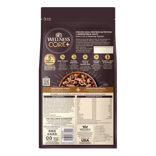 Wellness CORE+ Grain Free Wild Game Duck, Turkey, Boar & Rabbit back packaging