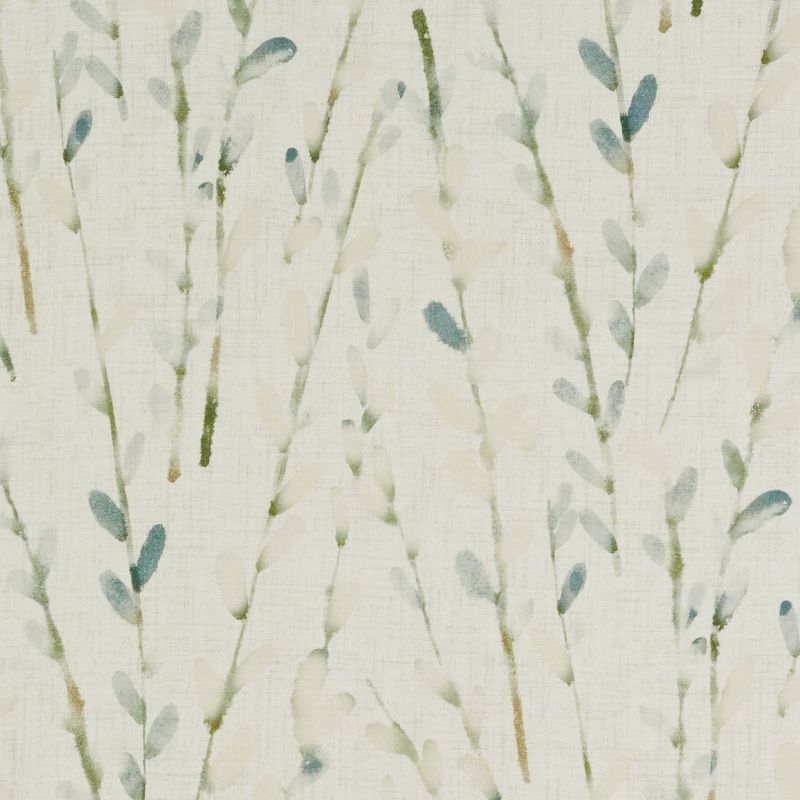 Linen-textured wallpaper featuring vertical watercolor stems with small teardrop leaves in muted greens and blue-greys; repeating printed pattern on a neutral cream background, evoking soft, airy interior decor.
