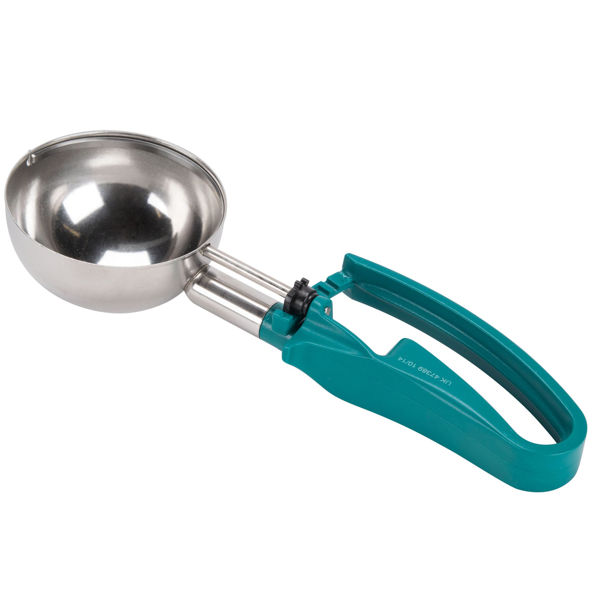 6-ounce disher with teal squeeze handle - Vollrath Foodservice