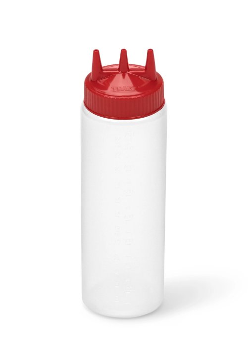 24-ounce Traex® Color-Mate Tri Tip™ wide-mouth clear squeeze dispenser with red top
