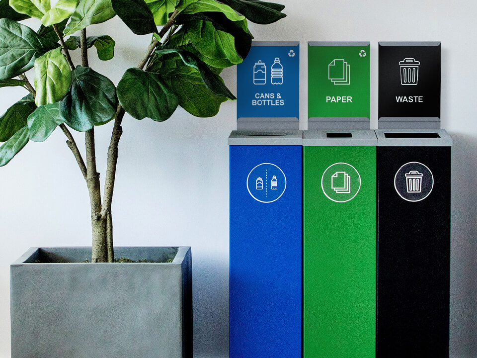 cube slim metal powder coated steel containers for recycling and waste collection in an upscale office environment
