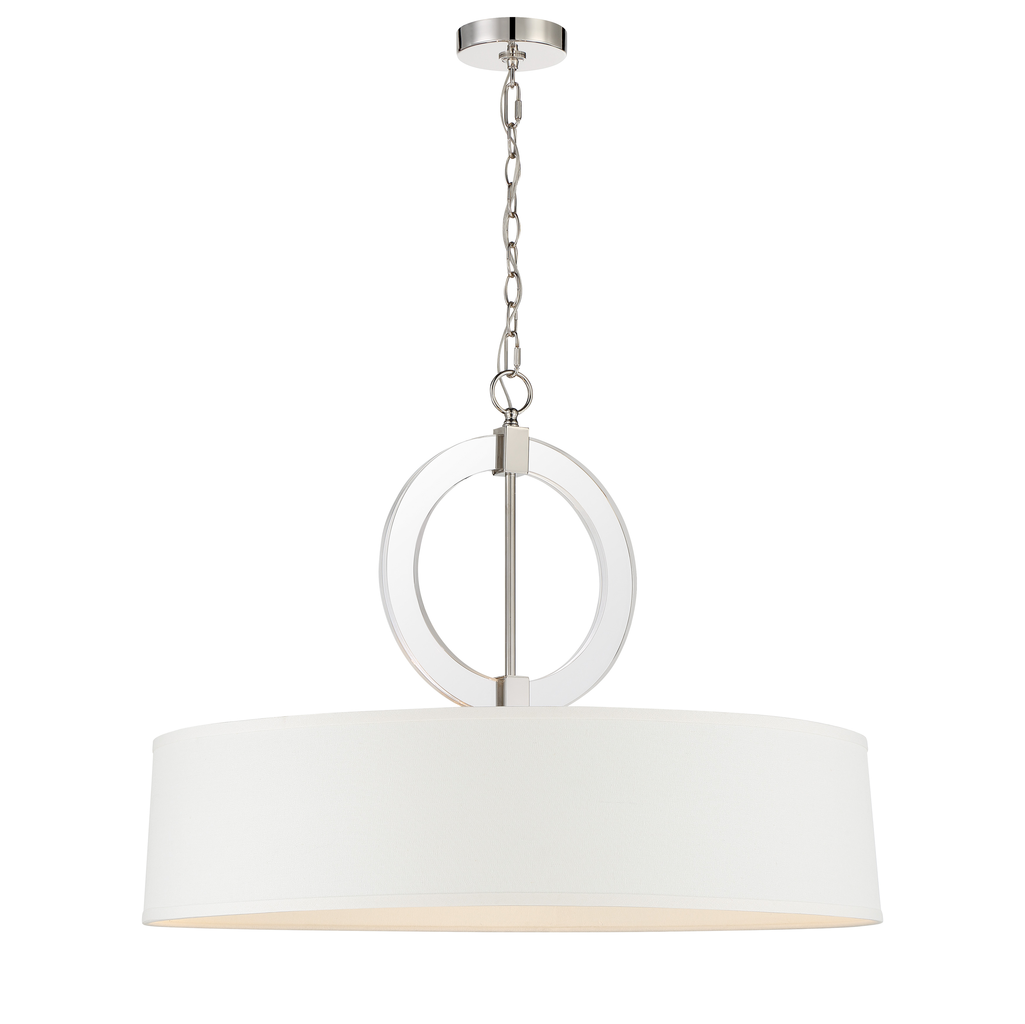 The Cape Coral 5-light pendant combines classic design with modern functionality. Its 30-inch width and polished nickel finish make it perfect for dining rooms and kitchen islands, while the white fabric shade provides soft, diffused lighting. - alternate view