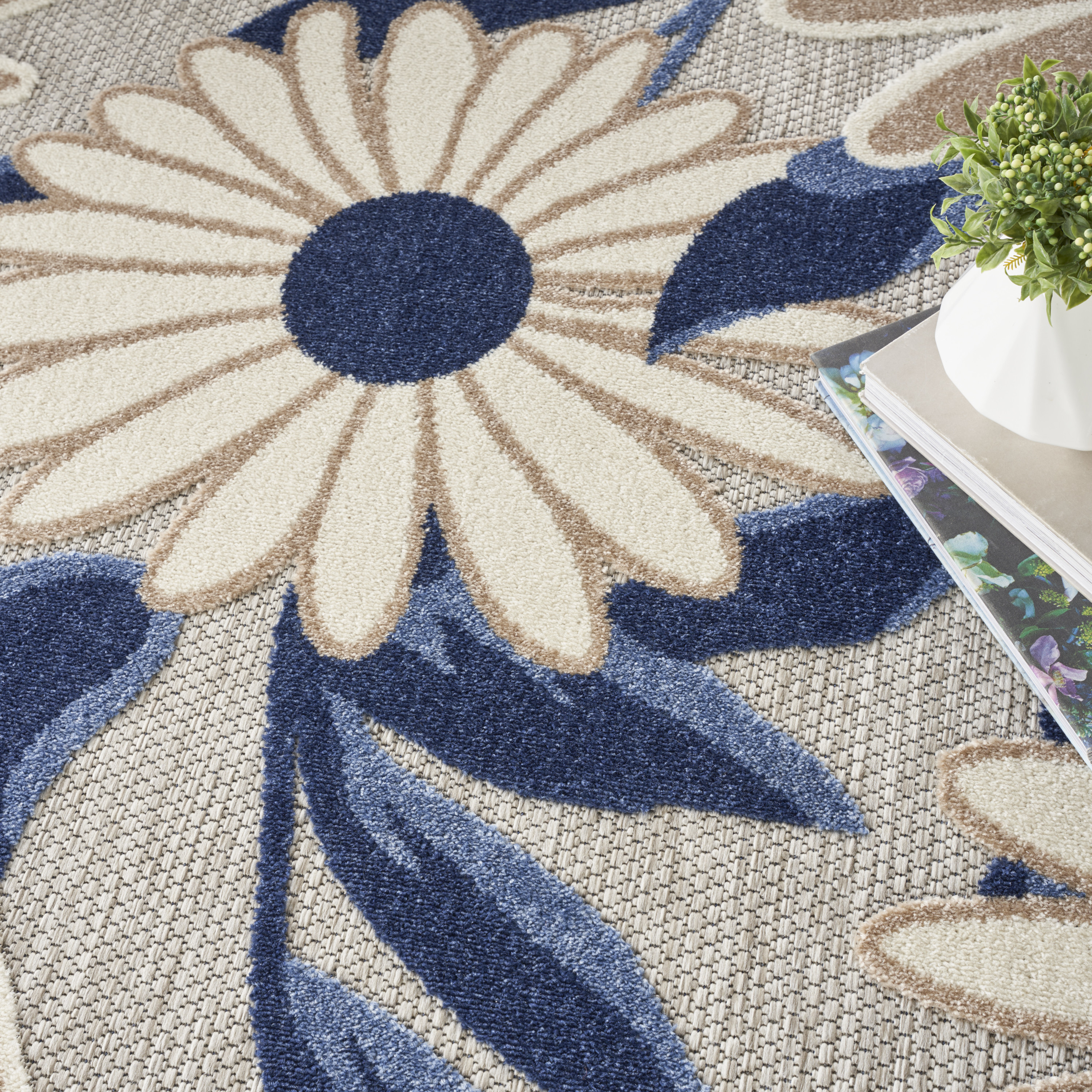 Nourison Aloha 5'3" x Round Blue Grey Contemporary Rug