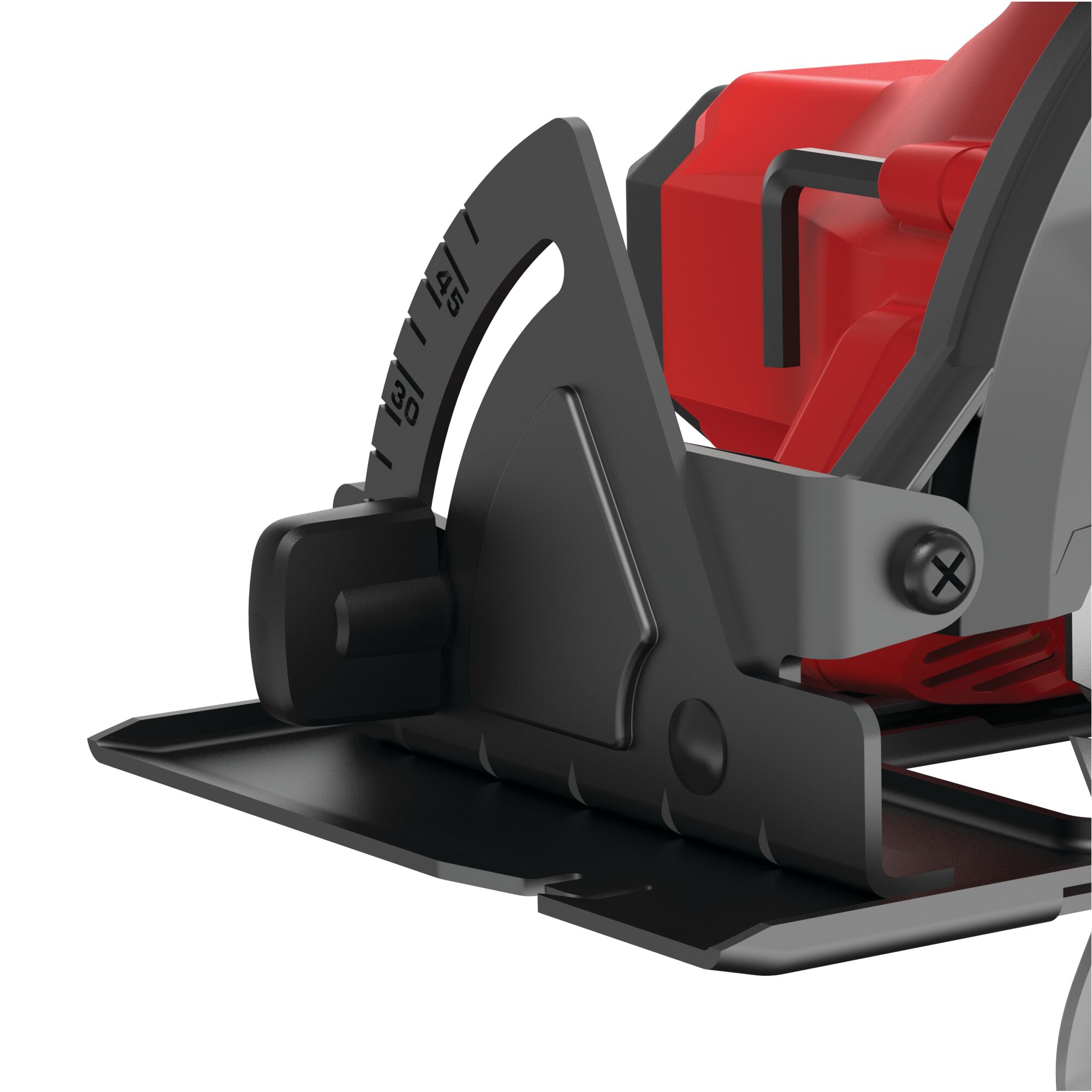 Beveling shoe for angled cuts feature of 20 volt cordless 6 1 half inch circular saw kit.