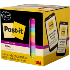 Super Sticky Notes, 3 in. x 3 in., Assorted Bright Colors, 45 Sheets/Pad, 15 Pads/Pack