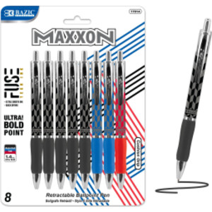 Maxxon Retractable Pens, 1.4 mm Bold Tip, Assorted Ink Colors, 8-Count