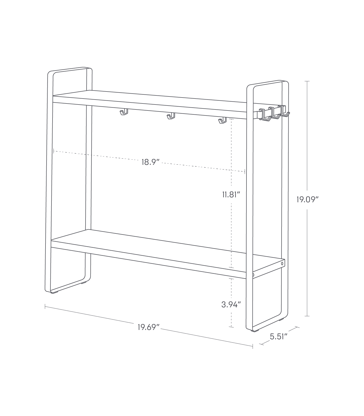 Dimension image for Two-Tier Countertop Rack showing dimensions: total height 19.09", width 19.69", depth 5.51", shelf height 11.81", hook bar width 18.9