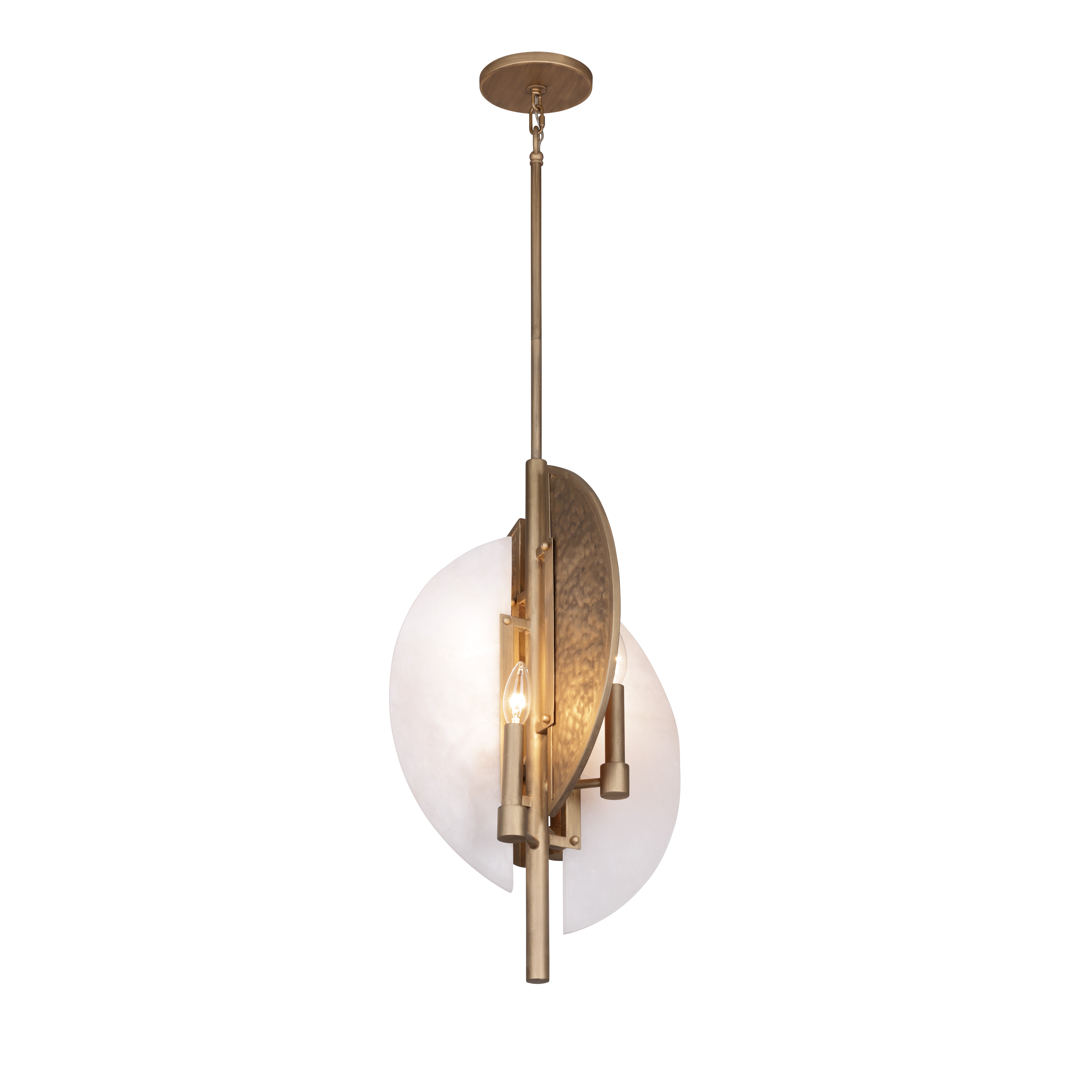 The Saint Martin pendant combines warm Ashen Gold finish with natural alabaster stone and hand-hammered metal panels. This Robin Baron design brings organic sophistication to intimate dining spaces with its compact 14-inch width. - alternate view