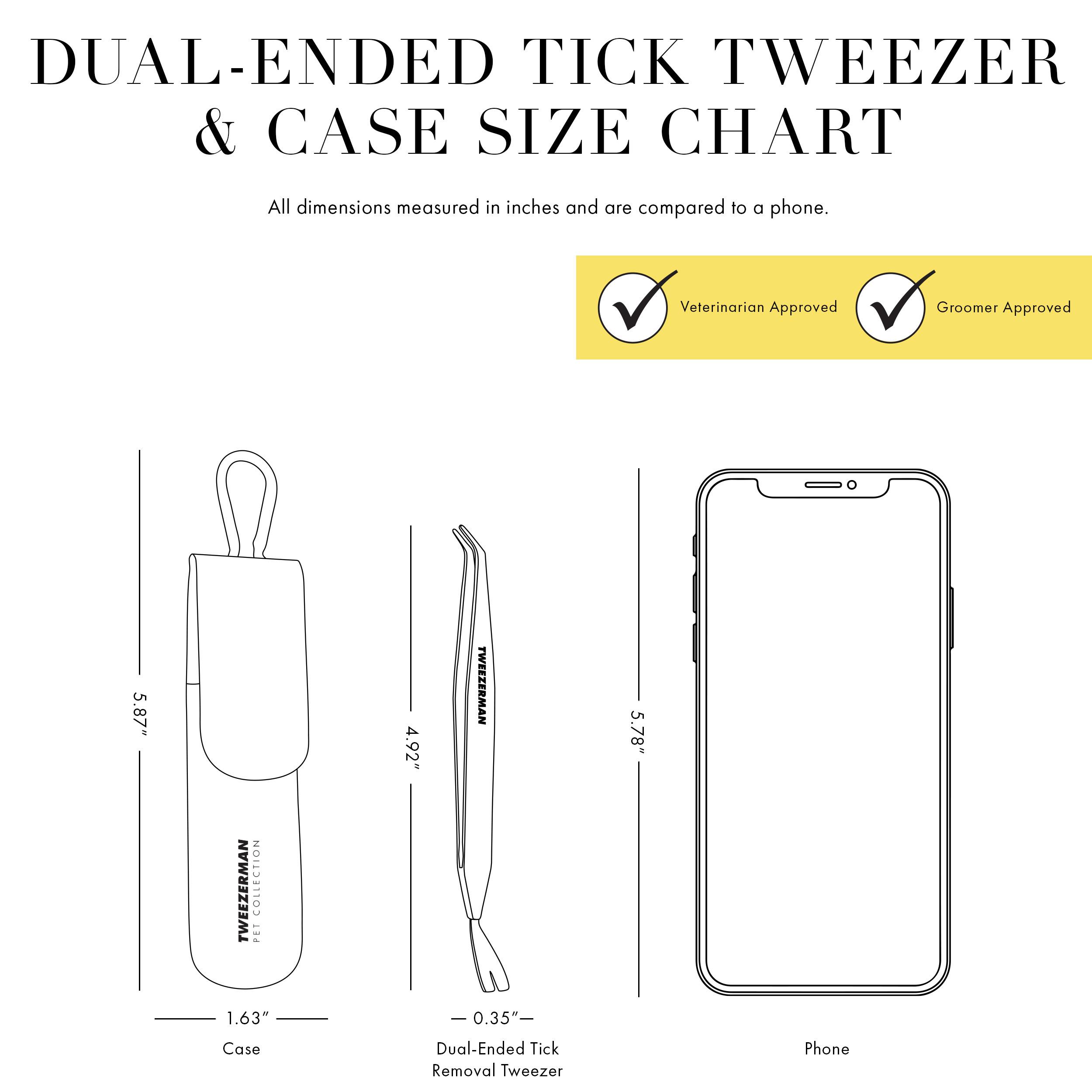 Dual-Ended Tick Tweezer and Case Size Chart: All dimensions are measured in inches and are compared to a phone. Veterinarian Approved. Groomer Approved. Tweezerman Pet Collection Case: 5.87" x 1.63" Tweezerman Dual-Ended Tick Removal Tweezer: 4.92" x 0.35" Phone: 5.78"