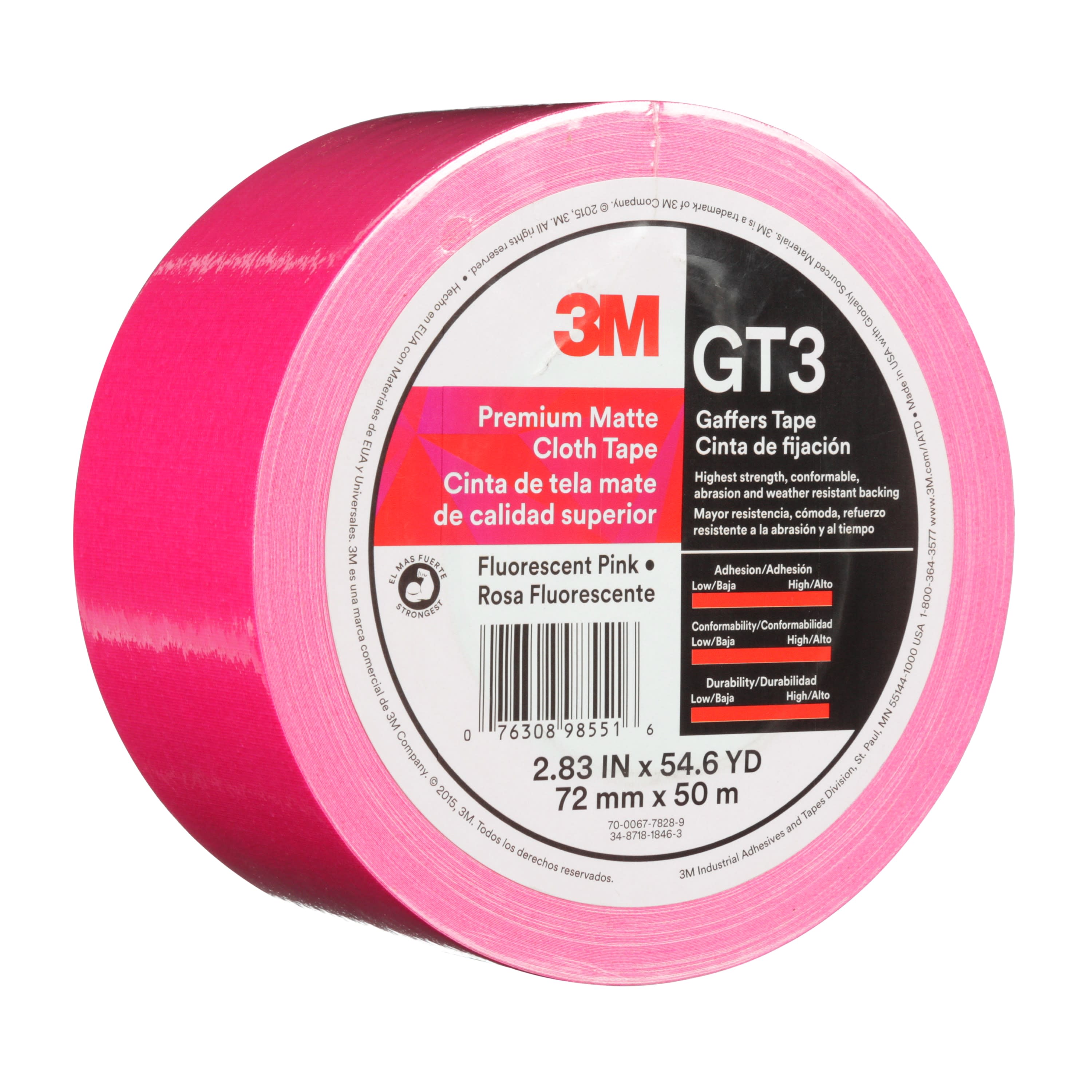 3M™ Premium Matte Cloth (Gaffers) Tape GT3, Fluorescent Pink, 72 mm x 50
m, 11 mil, 16 per case