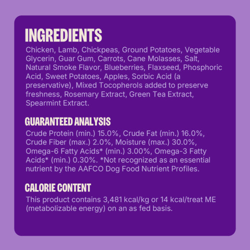 <p>Chicken, Ground Potatoes, Lamb, Vegetable Glycerin, Guar Gum, Carrots, Cane Molasses, Sunflower Lecithin, Salt, Natural Smoke Flavor, Blueberries, Flaxseed, Phosphoric Acid, Sweet Potatoes, Apples, Sorbic Acid (a preservative), Mixed Tocopherols (added to preserve freshness), Rosemary Extract, Green Tea Extract, Spearmint Extract.</p>
