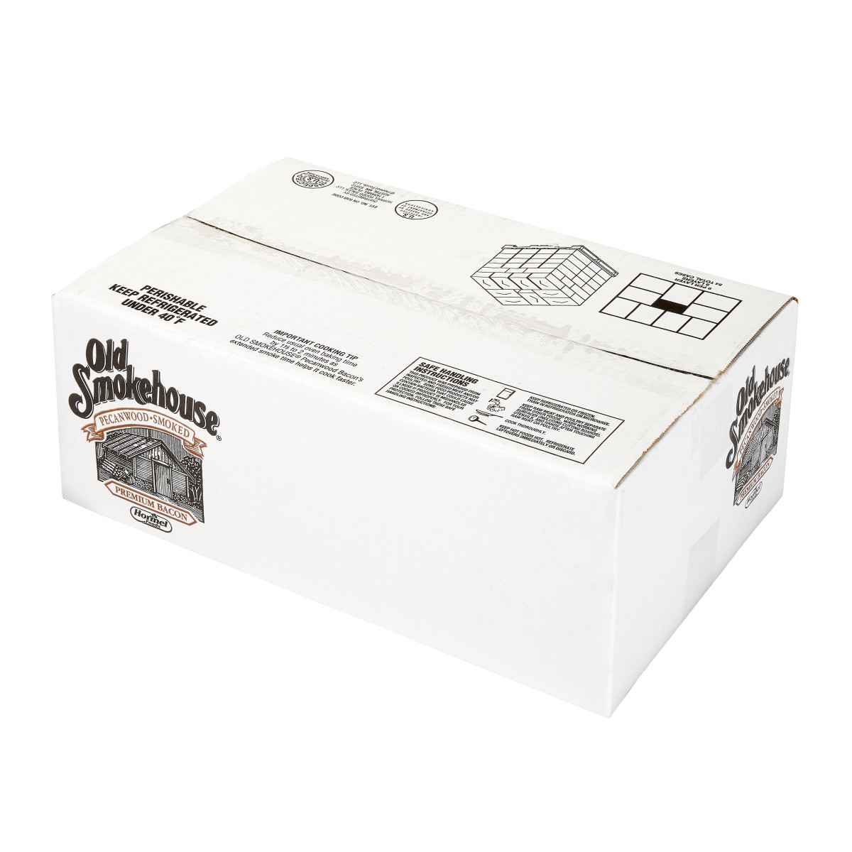 OLD SMOKEHOUSE(r) Bacon, Pecanwood Smoked, 13/17 slice, 2/10lb. . C1RA - Front Right Closed Case (Hi Res)