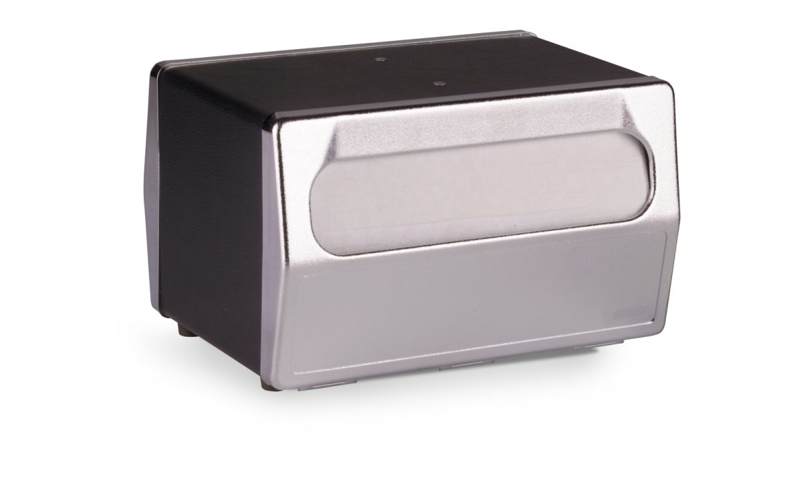 Two-sided tabletop napkin dispenser in black with chrome faceplate