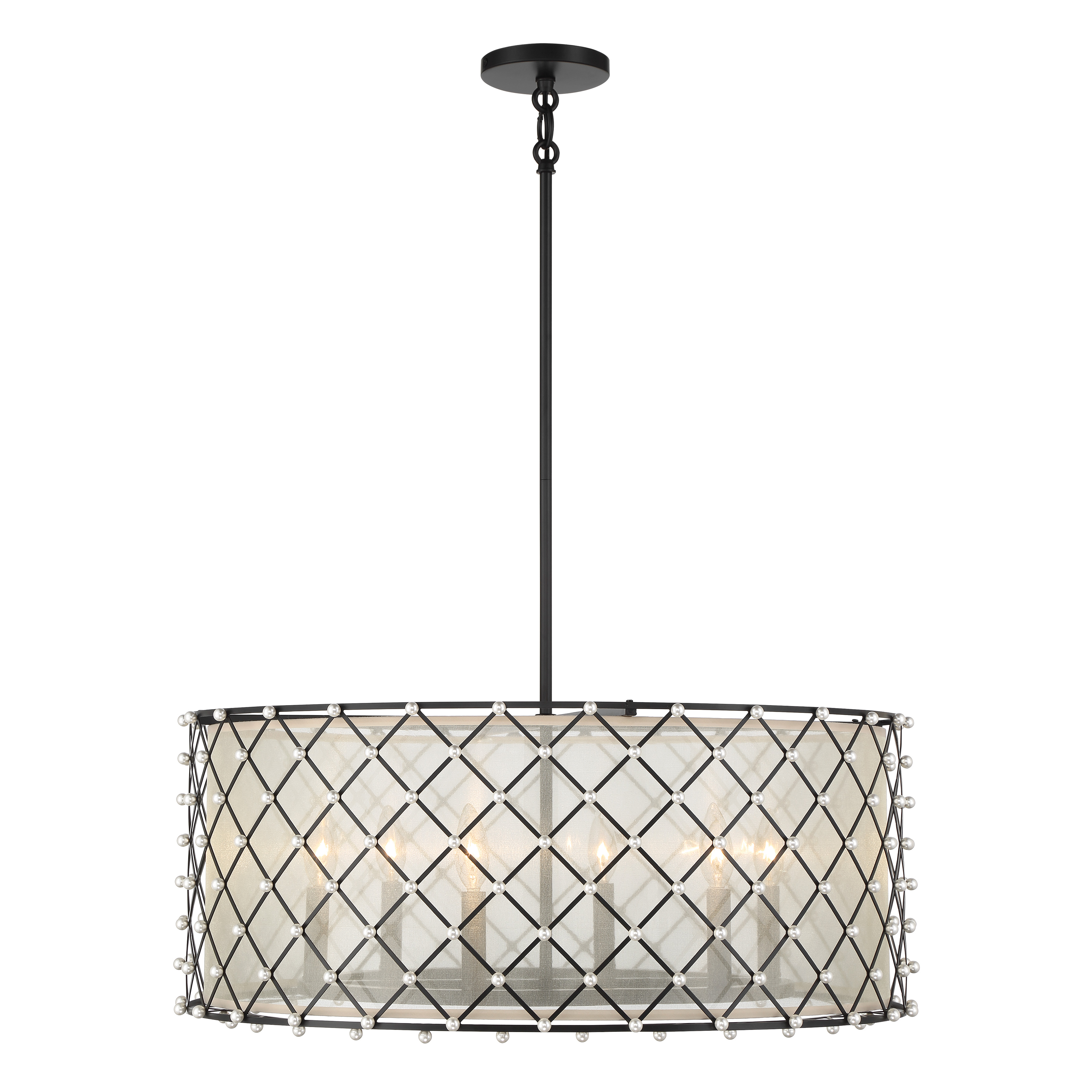 The Sheer Elegance pendant combines bold coal black finish with luxurious gold organza shades for a striking contemporary statement. Six candelabra lights provide ample illumination while the fabric shades create warm, diffused ambiance. - alternate view