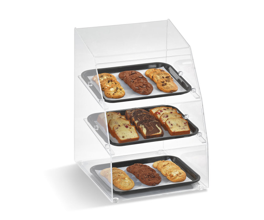 Small 3-tier clear acrylic classic baked goods display case with rear access