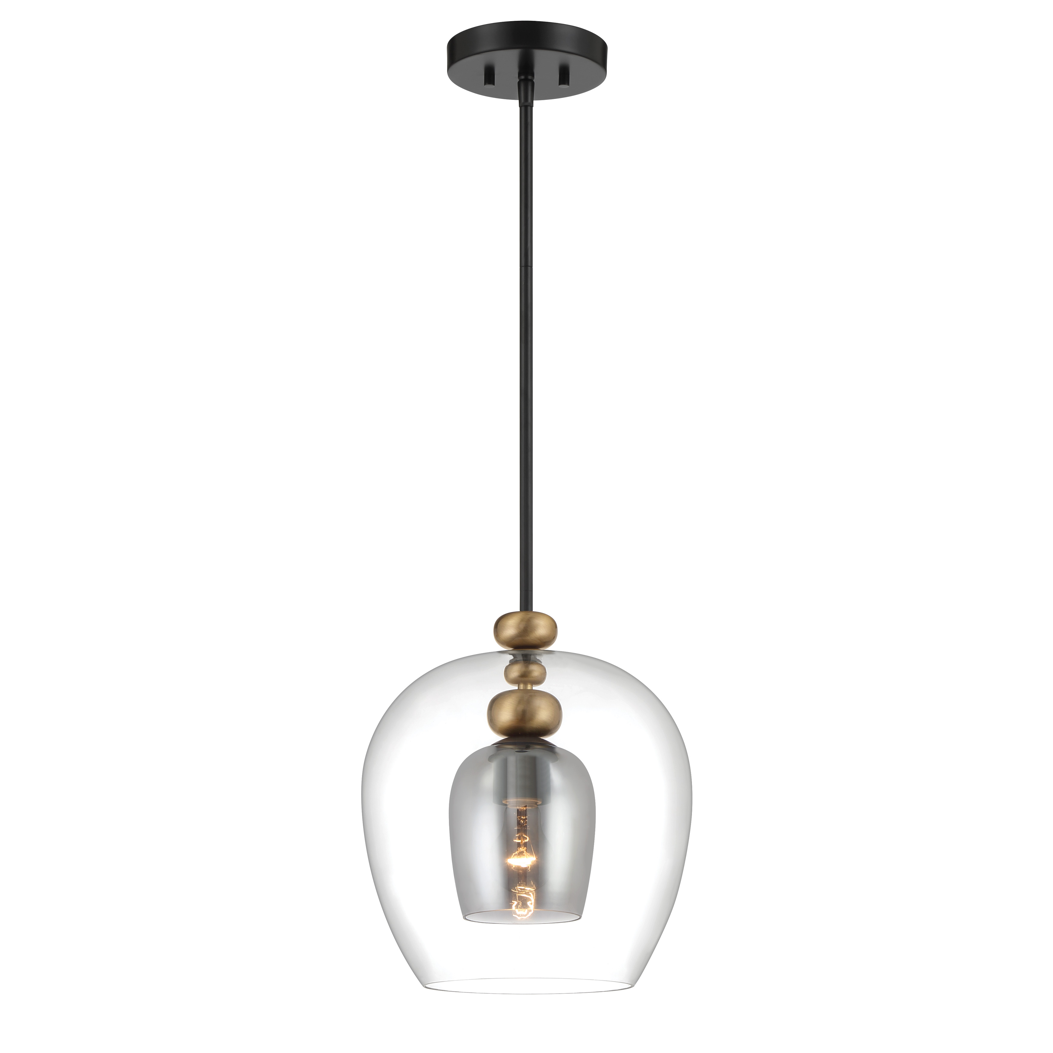 The Amesbury pendant combines coal black steel with oxidized aged brass accents and smoked gray glass for a refined industrial aesthetic. Its compact 11.75-inch width makes it perfect for intimate spaces or clustered installations. - alternate view