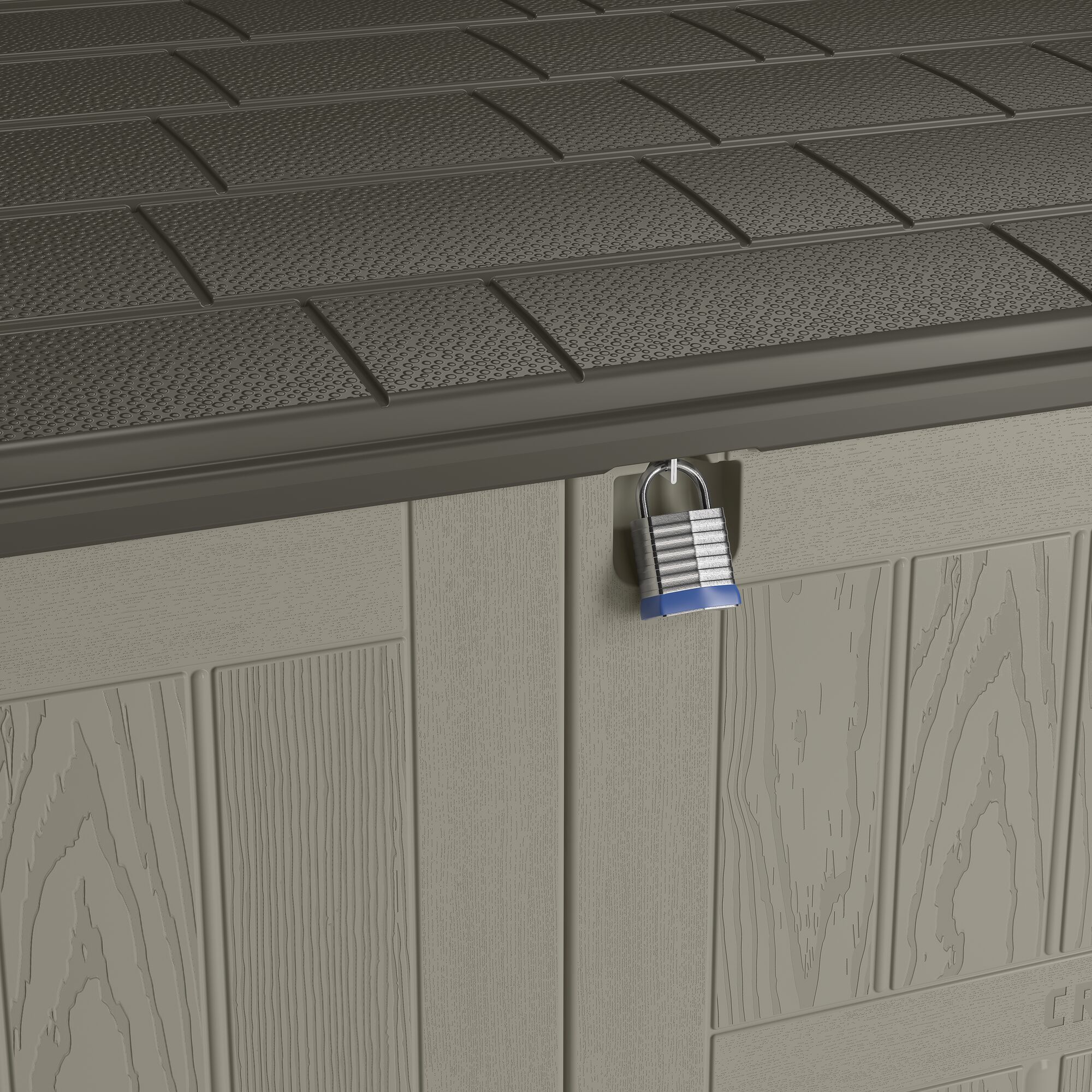 Lock feature of a horizontal storage shed.