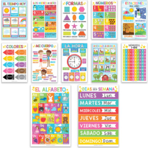 Colorful Spanish Preschool Educational Laminated Posters, Set of 12