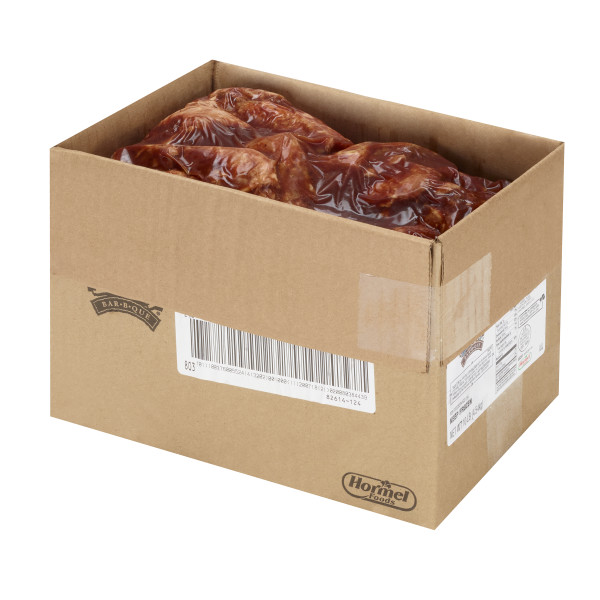 SAUCY BLUES(r) BBQ Premium Pulled Pork, 2/5 lb . C1RM - Front Right Open Case (Hi Res)