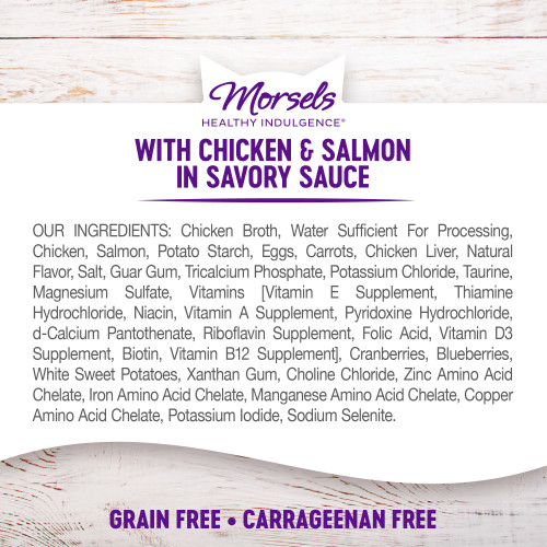 <p>Chicken Broth, Water Sufficient For Processing, Chicken, Salmon, Potato Starch, Eggs, Carrots, Chicken Liver, Natural Flavor, Salt, Guar Gum, Tricalcium Phosphate, Potassium Chloride, Taurine, Magnesium Sulfate, Vitamins [Vitamin E Supplement, Thiamine Hydrochloride, Niacin, Vitamin A Supplement, Pyridoxine Hydrochloride, d-Calcium Pantothenate, Riboflavin Supplement, Folic Acid, Vitamin D3 Supplement, Biotin, Vitamin B12 Supplement], Cranberries, Blueberries, White Sweet Potatoes, Xanthan Gum, Choline Chloride, Zinc Amino Acid Chelate, Iron Amino Acid Chelate, Manganese Amino Acid Chelate, Copper Amino Acid Chelate, Potassium Iodide, Sodium Selenite.</p>
