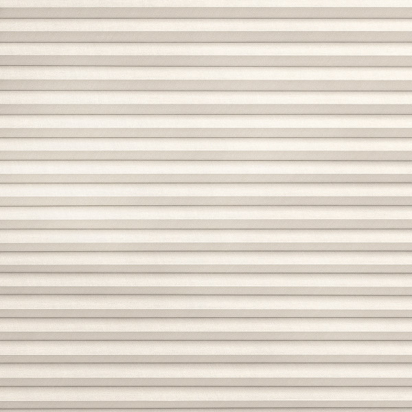 Horizontal pleated fabric blind, fully lowered and tightly closed with even ridges and beige texture; gently filtering soft daylight; fills a window opening in a neutral, softly lit interior.