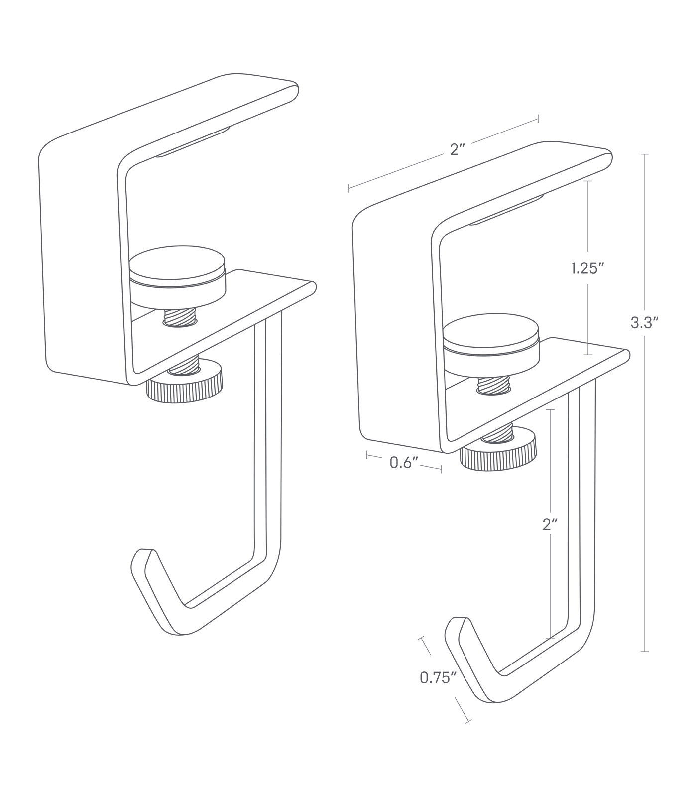 Dimension image of Under-Shelf Hooks with a total depth of 2 inches, total height of 3.3 inches, and width of 0.6 inches. The hook height is 2 inches, and the hook ends are 0.75 inches long. The width between the top and middle steel bar that hooks onto the shelf is 1.25 inches.